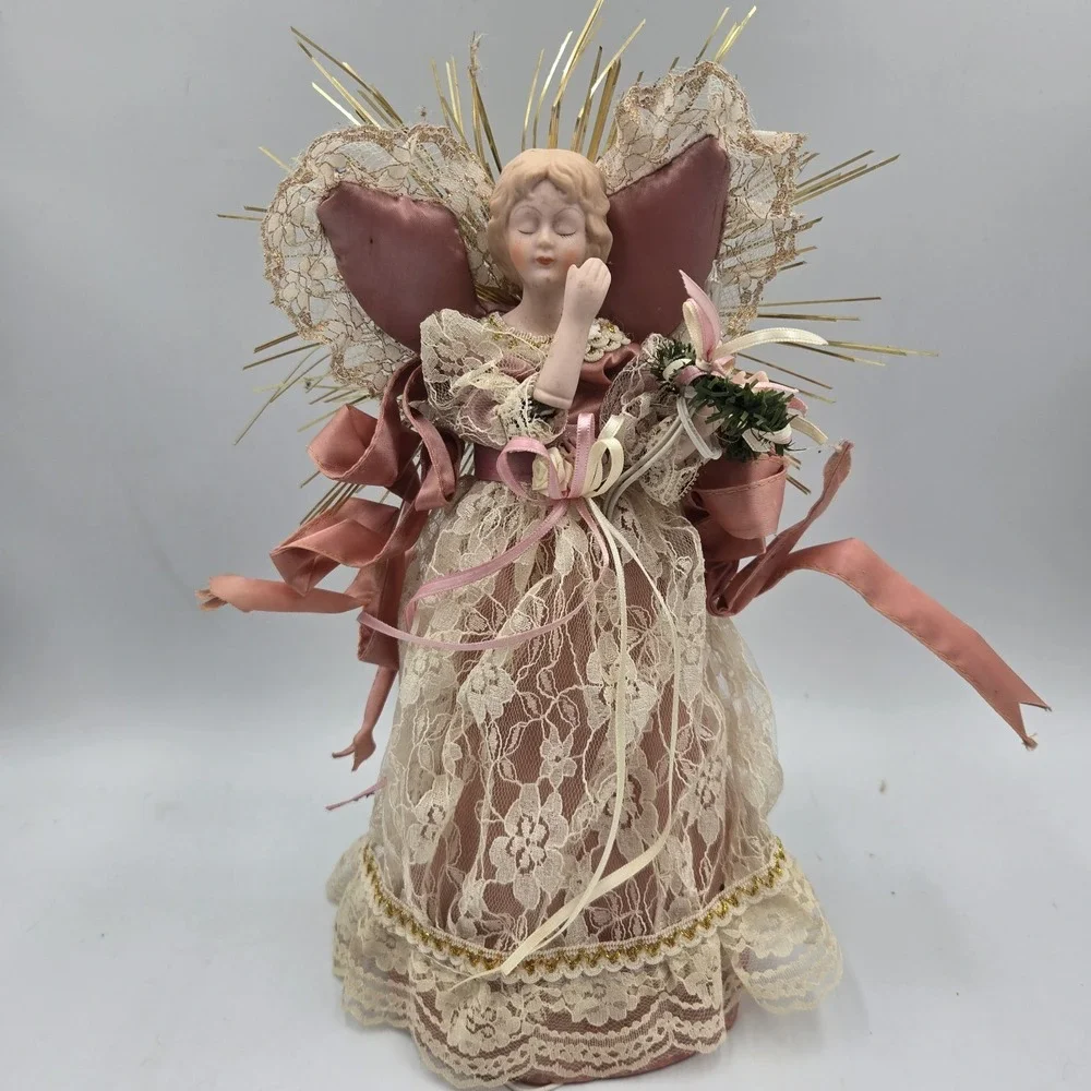 Vtg Midwest Importers Christmas Angel Tree Topper Pink Lace Porcelain Lights Up